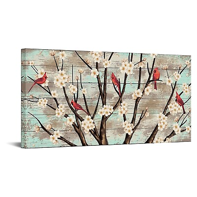 #ad Cardinal Canvas Wall Art Red Birds on Flower Tree Painting Pictures Farmhouse... $117.68