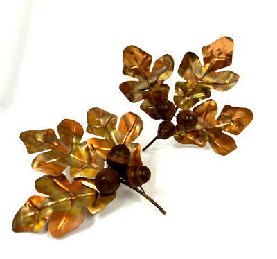 #ad Vtg Set 2 Brass Copper Wall Decor Metal Art Oak Leaves with Wood Acorns HOMCO $21.95
