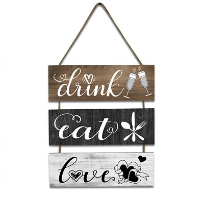 #ad Drink Eat Love Family Wooden Sign Plaque Kitchen Dining Room Hanging Home Decor $19.97