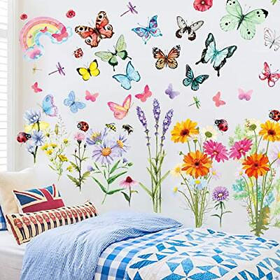 #ad Flower Wall Decals Butterfly Wall Sticker Peel and Stick Wall Art Colorful $16.18