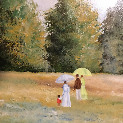Large Art Oil On Canvas Signed Montrec People Trees Umbrellas 20x24 $1395.00
