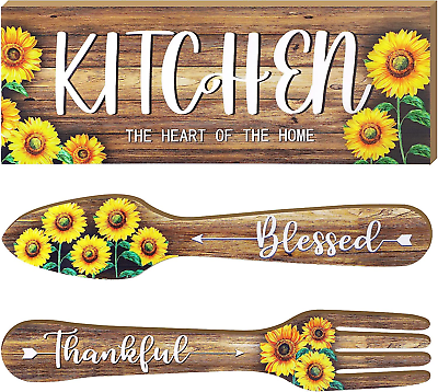 #ad 3 Pieces Sunflower Kitchen Decor Spring Decorations Blessed Thankful Wooden Hang $23.13