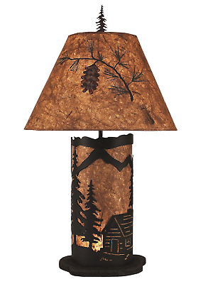 #ad Rustic Cabin Scene Iron amp; Parchment Country Lodge Night Light Table Lamp W Shade $249.95