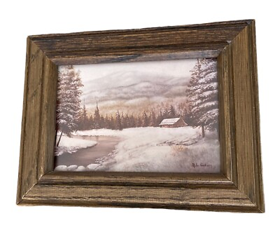 #ad #ad Vtg Small Art Print Landscape Cabin In Snow 6x8” Wood Frame ML Godwin $13.91