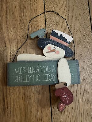 #ad Christmas Snowman Wall Hanging Sign Wood Rustic Country Decor Mittens Bird ☃️ $12.99