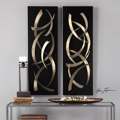 #ad #ad PAIR ABSTRACT 47quot; CUT METAL MODERN DESIGN ART WALL PANELS BRUSHED GOLD amp; BLACK $437.80