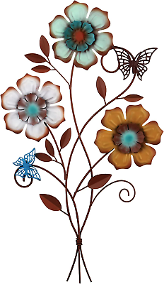 #ad Tricolor Flower Wall Decor Vintage Metal Wall Art Decor Rustic Hanging Wall Flow $24.99