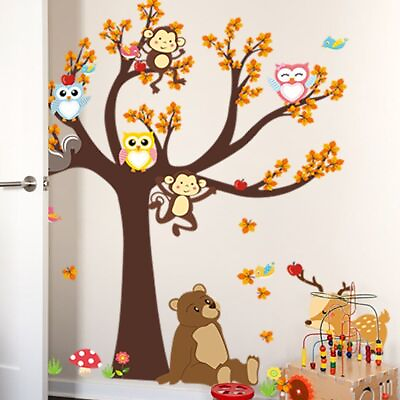 #ad Animals Tree Wall Sticker Owl Monkey Cartoon Decal Kids Room DIY Art Decoration $21.92
