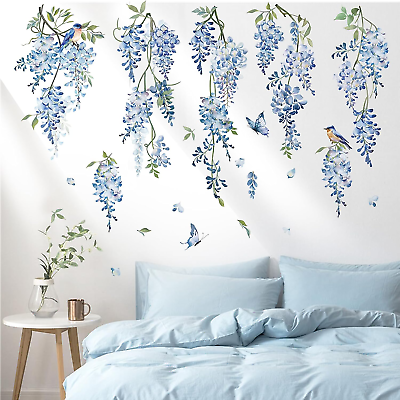 #ad Hanging Flower Vine Wall Decal Blue Wisteria Floral Vines Wall Stickers Living R $18.61