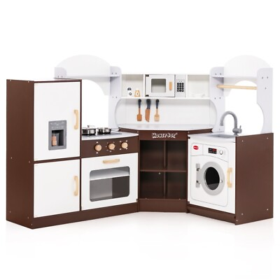#ad Play Kitchen Sets Kids Wooden Pretend Cooking Playset w Ice Maker Microwave Oven $178.97