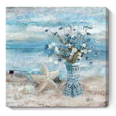 #ad Bathroom Decor Wall Art Blue Beach Picture Ocean Theme Flower Canvas Print $24.52