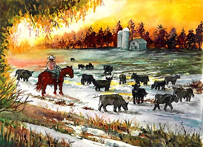 #ad Cowboy And Angus Cattle Cowboy Art Print Country Art Western Art Print Angus $35.00