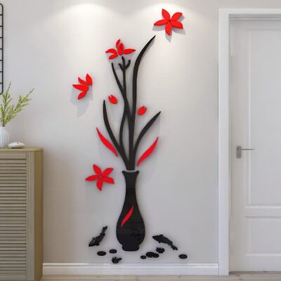 #ad Living Room Wall Decor Stickers 3D Vase Sticker DIY Red Wall Decor Living R... $29.03
