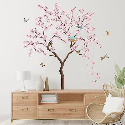 #ad Pink Blossom Tree Wall Stickers Birds on Branch Wall Decals Bedroom Living Room $15.65