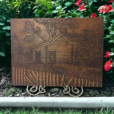 #ad Hand Carved Wooden Wall Plaque Decor Country Barn House Rustic Cottage Artisan $59.99