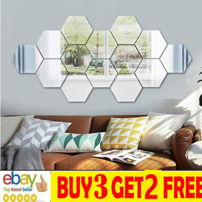 12Pcs Geometric Hexagon 3D Art Mirror Wall Sticker Decal Home DIY Decor FC $7.40