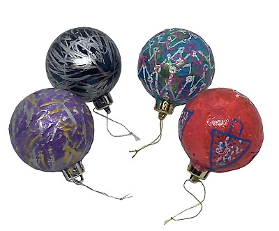 CHILDREN#x27;S HANDCRAFTED XMAS ORNAMENTS Set of Four Plastic Multi Colored Balls $16.00