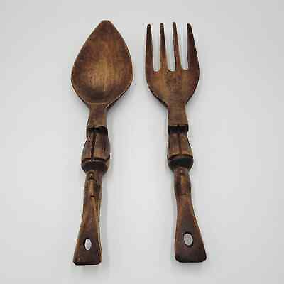 #ad #ad Vintage Hand Carved Wooden Spoon and Fork Set Mid century Wall Art Decor Retro $50.00