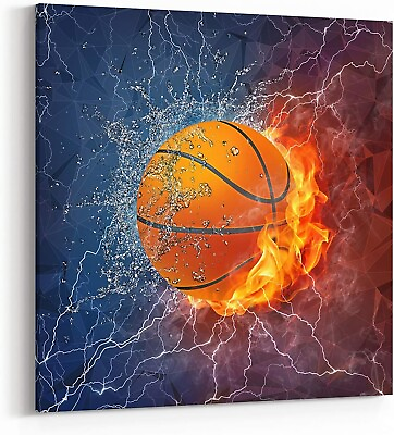 #ad Basketball Canvas Wall Art Cool Sport Ball on Fire Water Abstract Home Decor $30.99