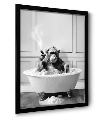 #ad Framed Bathroom Decor Wall Art Chimpanzee in Bathtub Black and White Wall A... $19.05