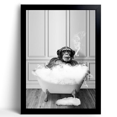 #ad Monkey in Tub Black and White Animals Wall Art Framed Canvas Wall Art Bl... $18.95