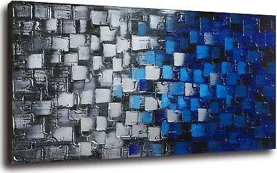 #ad Blue and Silver Canvas Wall Art Abstract Squares Painting 3D Effect Artwork $76.48