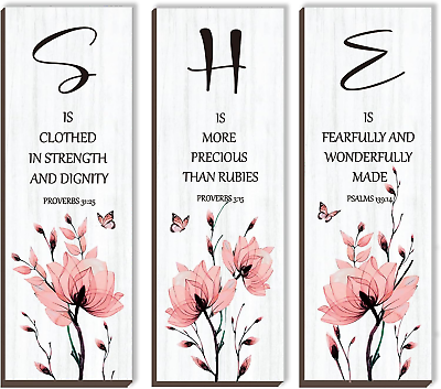 #ad 3 Pieces Inspirational Pink Floral Wall Decor Wooden Hanging Wall Art Christian $20.24