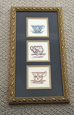 #ad Britt Ryan Gold Framed and Matted Tea Cups Vintage Kitchen Decor Wall Hanging $39.99