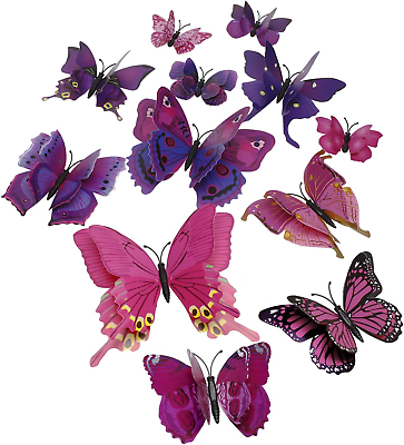 #ad 12PCS Vibrant Double Wings 3D Butterfly Wall Stickers Decals DIY Art Crafts Deco $5.99