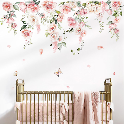 #ad Spring Large Pink Flower Wall Decals Hanging Vine Floral Wall Stickers Baby Nurs $30.99