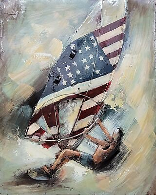 #ad Windsurfing American Flag 3D Wall Art Painting Mixed Media Metal Wood Art $299.00