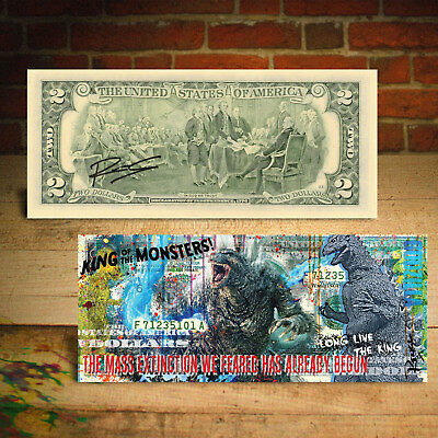 #ad GODZILLA $2 U.S. Bill Pop Art SIGNED by Artist Rency with Holder $26.00