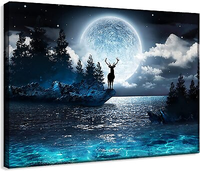 #ad Rustic Wall Art for Living Room Bedroom Decor Nordic Theme Moon Deer Ocean Print $49.99