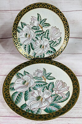 #ad Chinese Magnolia Decor Plates 10 3 8” Iridescent Gold Green Set of 2 VINTAGE $28.99