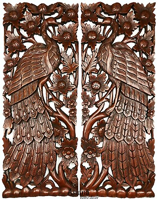 #ad #ad Peacock Animal Carved wood wall art panels Home Decor.Brown Extra Thick Set of 2 $399.99