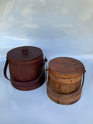 #ad Pair 2pcs Antique Primitive Wood Bucket Firkin sugar flour pantry 10quot; $129.00