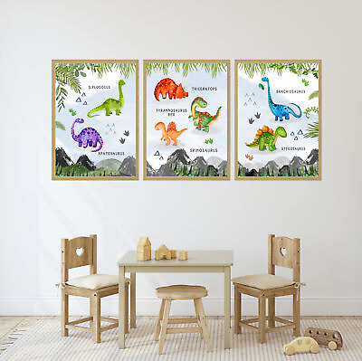 #ad Watercolour Dinosaur Set Of 3 Children#x27;s Nursery Bedroom Wall Art Framed Prints GBP 55.95
