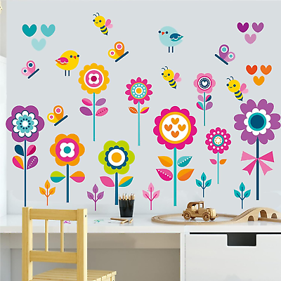 #ad Flowers Wall Stickers for Kids Bedroom Butterfly Bee Floral Wall Decals for Gir $18.51