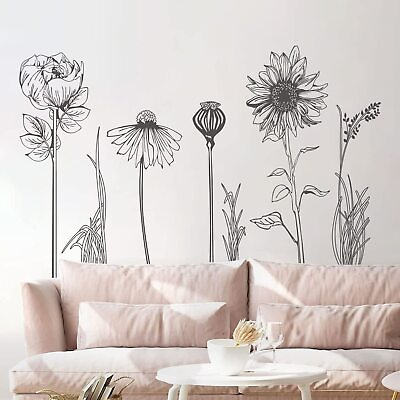 #ad Black Simple Flower Plants Wall Stickers Large Boho Floral Modern Wall Decal ... $18.22
