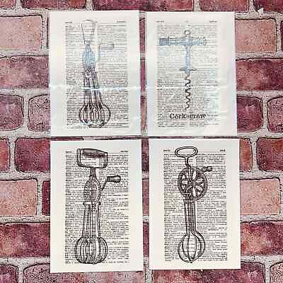 #ad Kitchen Theme Upcycled Dictionary Art Prints Lot of 4 Mini Poster Set $11.99