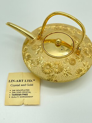 #ad Vtg Lin Art Ltd 24KGP 24% Lead Crystal Gold Plated Japanese Teapot Floral 6” $19.99