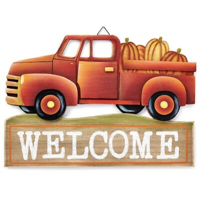 #ad Welcome Truck Pumpkins Hanging Sign Wood Autumn Holiday Country Vintage Decor $13.78