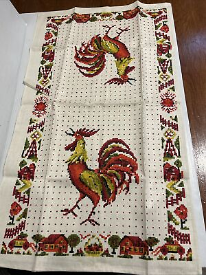 #ad Antique Linen KITCHEN TOWEL Rooster Red Dots Parisian Print NEVER USED 1960s $14.99