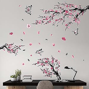 #ad Pink Watercolor Cherry Blossom Flower Wall Stickers Tree Branch Birds $20.21