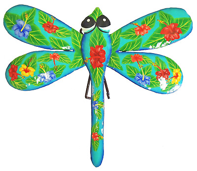 #ad Teal Dragonfly Hibiscus Haitian Metal Art Wall Decor $33.87