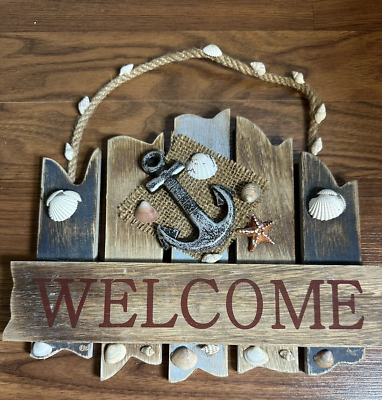 #ad Coastal Decor Welcome Sign Hanging Wooden Beach Blue Shells Anchor 10quot; x 8” $24.99