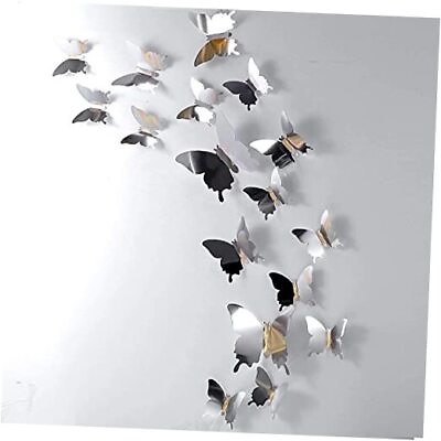 #ad 48 Pieces Wall Decor DIY Mirror 3D Stickers Removable Decals Butterfly Silver $10.65