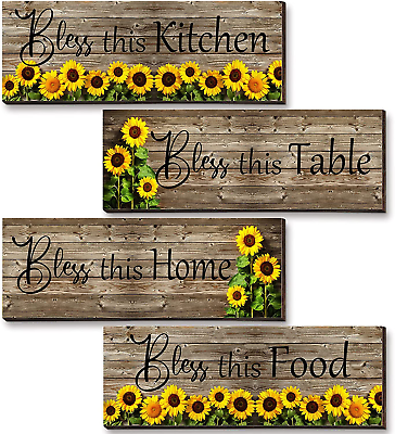 #ad 4 Pieces Sunflowers Wall Decor Bless This Kitchen Table Home Food Wood Wall Art $21.42