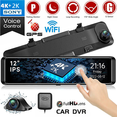 #ad 4K 12quot; Dash Cam Mirror GPS WiFi Car Rear View Backup Dual Camera IR Night Vision $90.29
