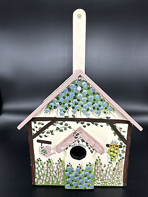 #ad Signed Kathy Hatch Wood Garden Birdhouse Decor Hand Painted Flowers Pink Blue $22.99